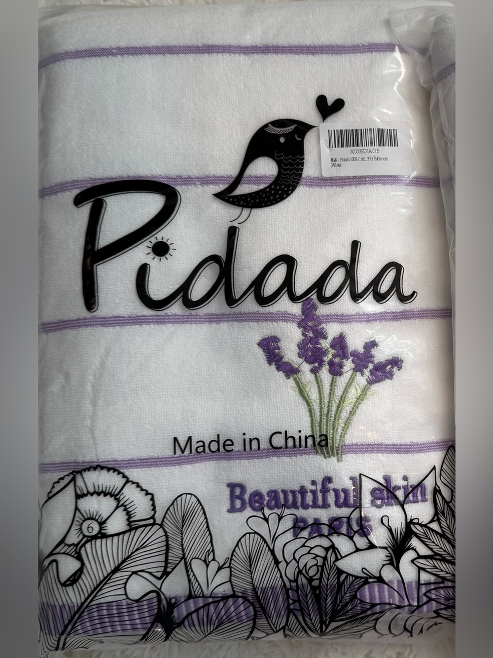 Pidada Bath Towel and 2 Hand Towels White with Purple Lavender NEW